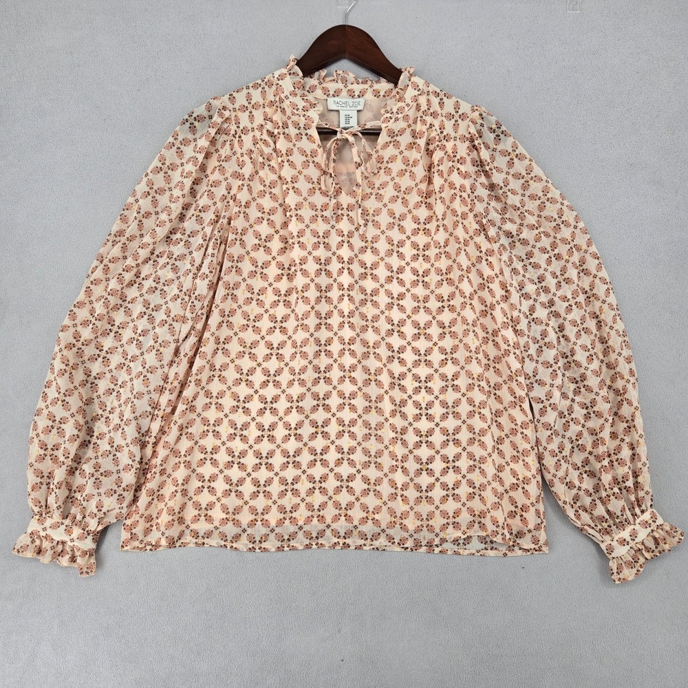 Rachel Zoe Womens MEDIUM Blouse Floral Gold Lurex Tie Neck Balloon Sleeve Boho